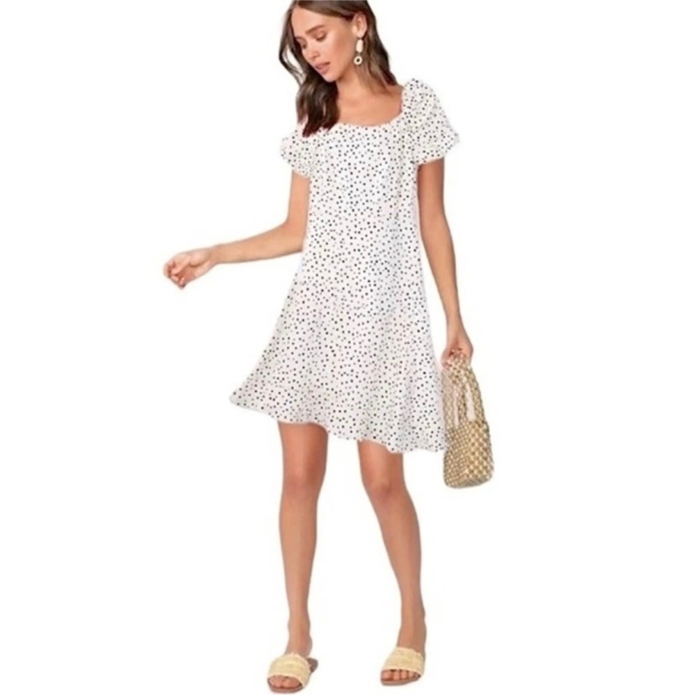 Loft Ivory Cream Black Polka Dot Short Sleeve Flare Mini Dress Womens 4 Tall‎